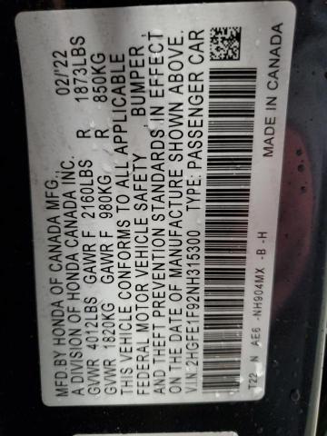2022 HONDA CIVIC TOUR - 2HGFE1F92NH315300