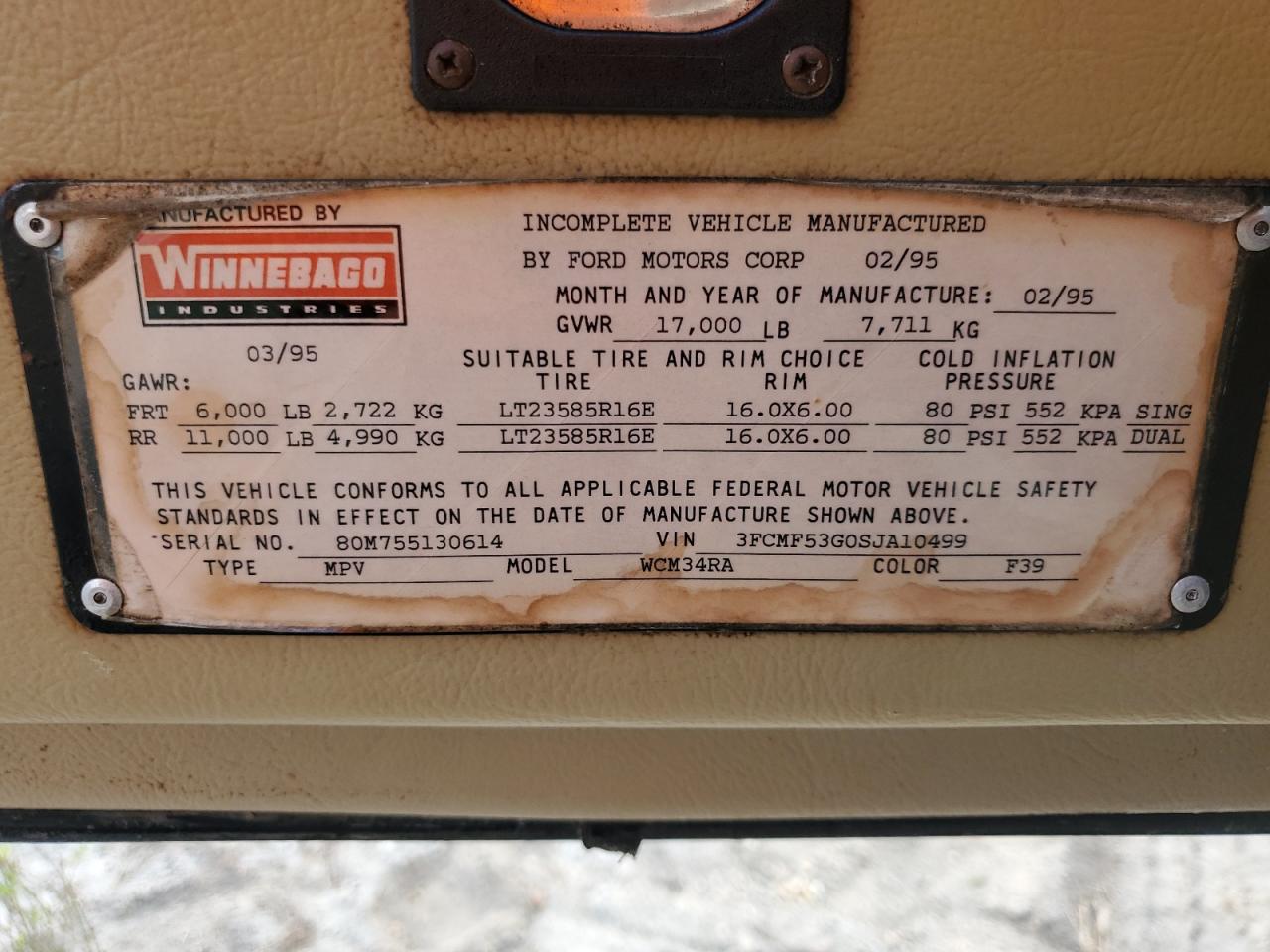 Lot #3202922865 1995 WINNEBAGO TRAVELTRLR