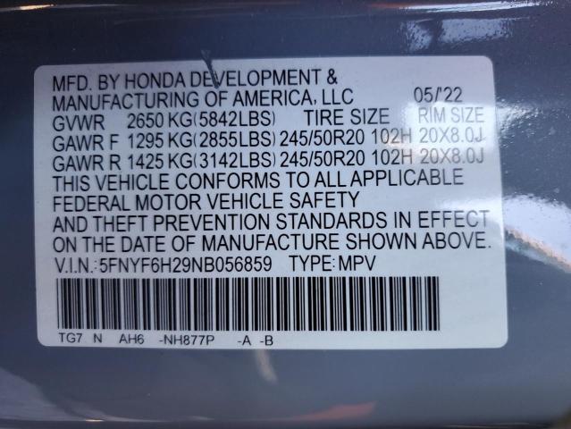 2022 HONDA PILOT SE 5FNYF6H29NB056859