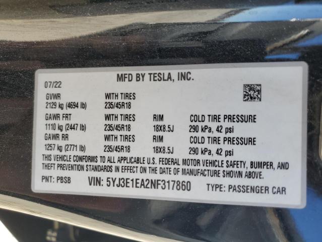 2022 TESLA MODEL 3 - 5YJ3E1EA2NF317860