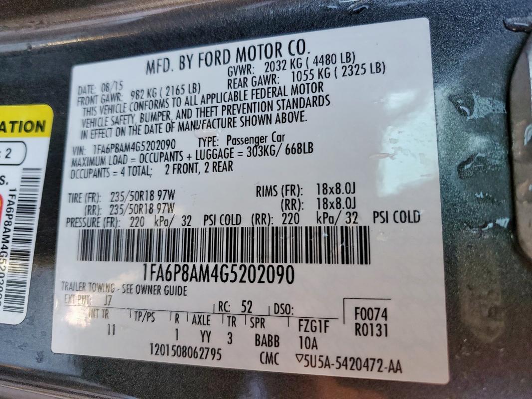 2016 FORD MUSTANG - 1FA6P8AM4G5202090