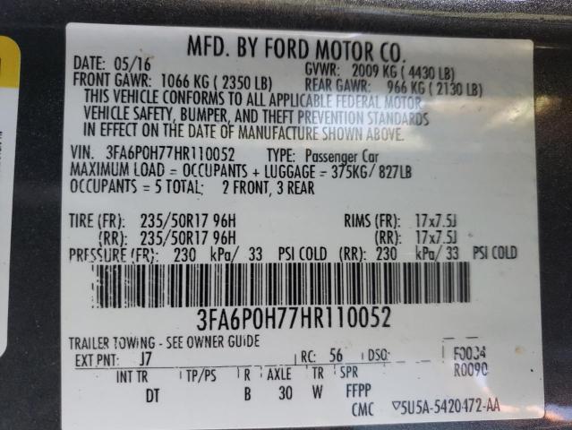 2017 FORD FUSION SE - 3FA6P0H77HR110052