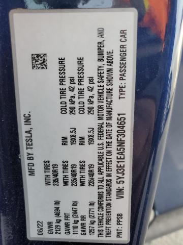 2022 TESLA MODEL 3 - 5YJ3E1EA5NF304651
