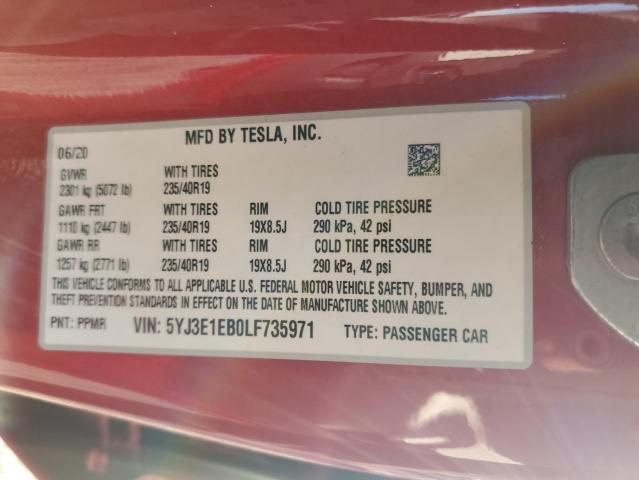 2020 TESLA MODEL 3 5YJ3E1EB0LF735971
