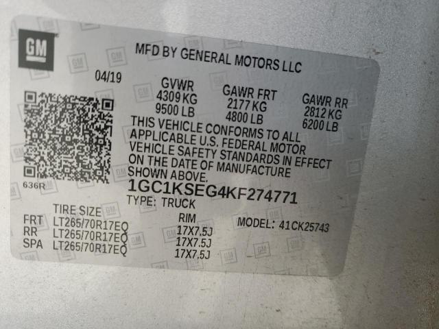2019 CHEVROLET SILVERADO - 1GC1KSEG4KF274771