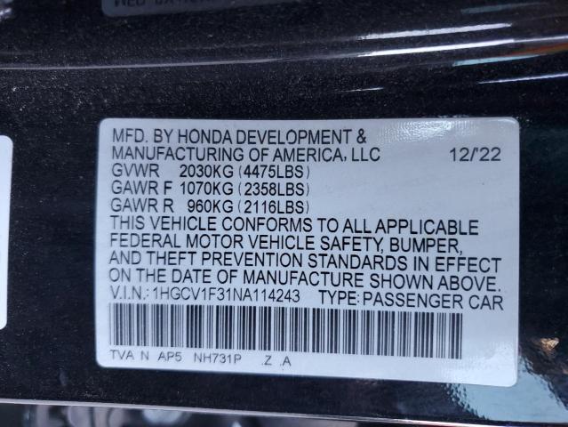 2022 HONDA ACCORD SPO - 1HGCV1F31NA114243