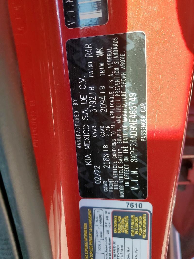 2022 KIA FORTE FE 3KPF24AD9NE463749