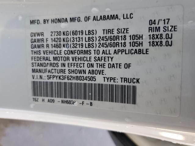 2017 HONDA RIDGELINE - 5FPYK3F62HB034505