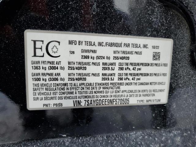 2022 TESLA MODEL Y 7SAYGDEE9NF570505
