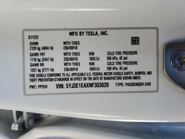 2022 TESLA MODEL 3 - 5YJ3E1EAXNF303639
