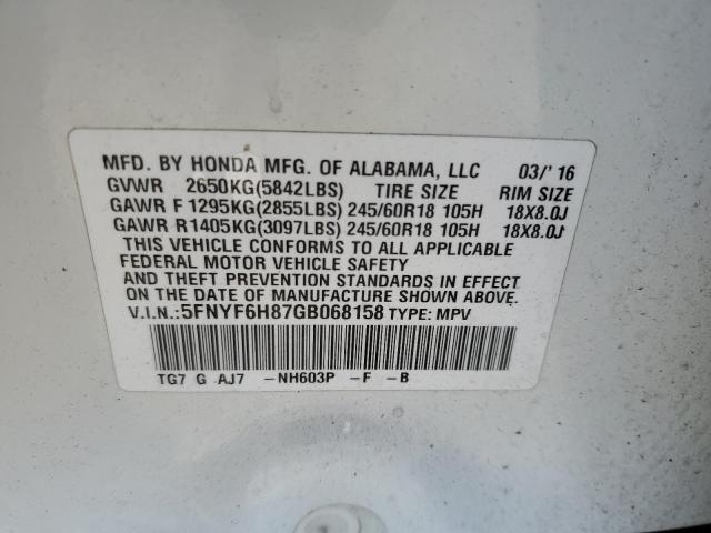 2016 HONDA PILOT EXL 5FNYF6H87GB068158