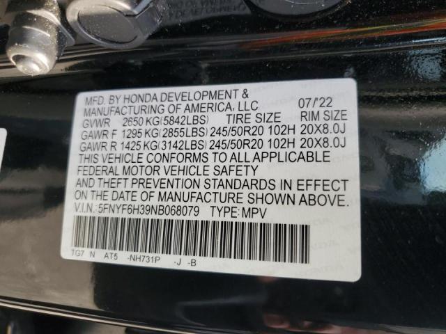 2022 HONDA PILOT SPOR 5FNYF6H39NB068079