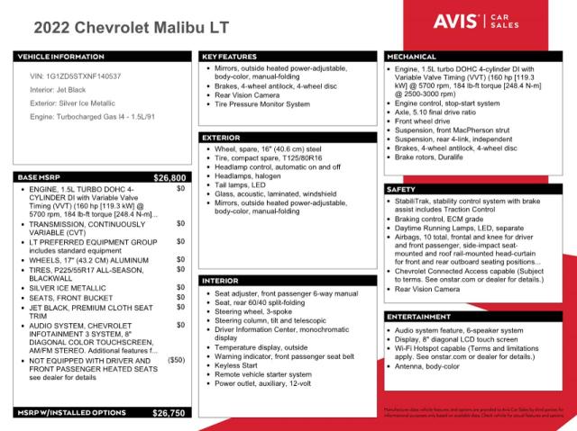 2022 CHEVROLET MALIBU LT 1G1ZD5STXNF140537