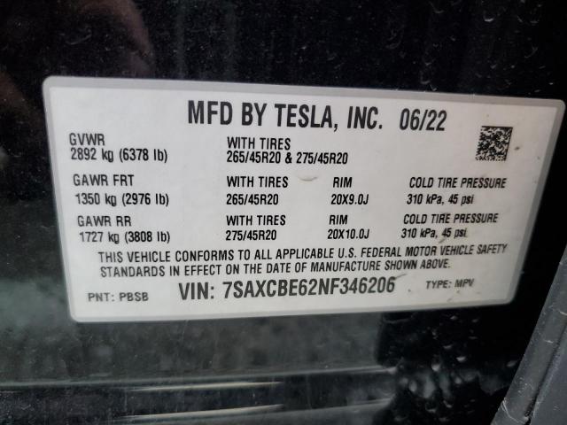 2022 TESLA MODEL X 7SAXCBE62NF346206