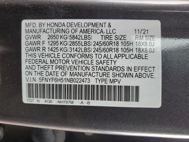 2022 HONDA PILOT EXL 5FNYF6H51NB022473
