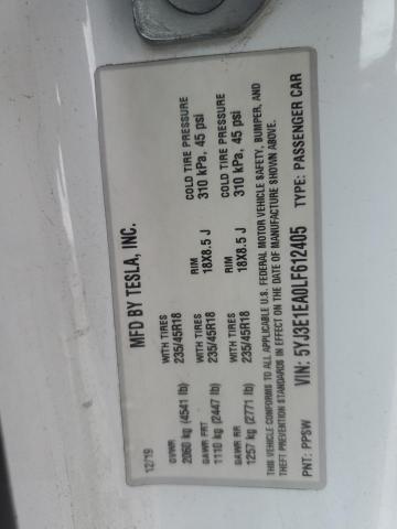2020 TESLA MODEL 3 5YJ3E1EA0LF612405