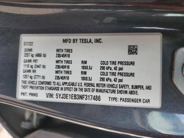 2022 TESLA MODEL 3 - 5YJ3E1EB3NF317486