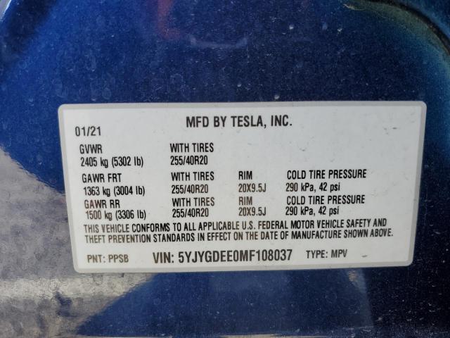 2021 TESLA MODEL Y 5YJYGDEE0MF108037