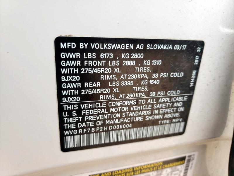 2017 VOLKSWAGEN TOUAREG WO WVGRF7BP2HD006004