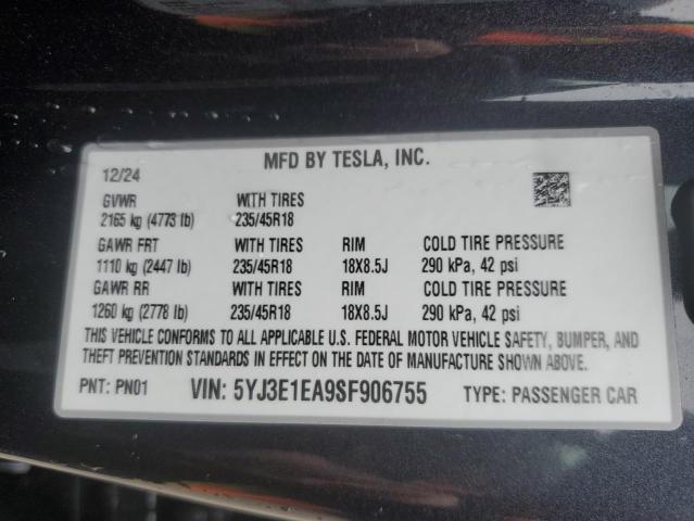 2025 TESLA MODEL 3 5YJ3E1EA9SF906755