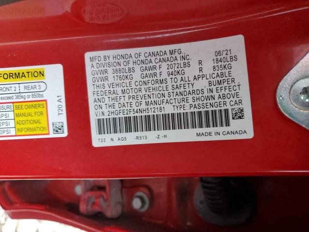 2022 HONDA CIVIC SPOR - 2HGFE2F54NH512181
