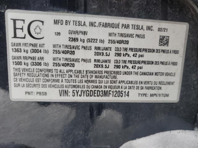 2021 TESLA MODEL Y - 5YJYGDED3MF120514