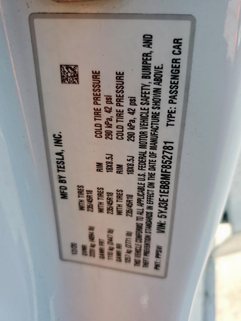 2021 TESLA MODEL 3 - 5YJ3E1EB8MF852781