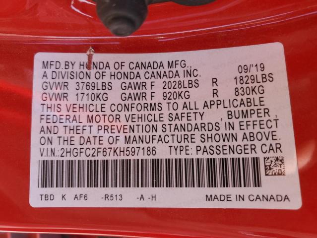 2019 HONDA CIVIC LX 2HGFC2F67KH597186