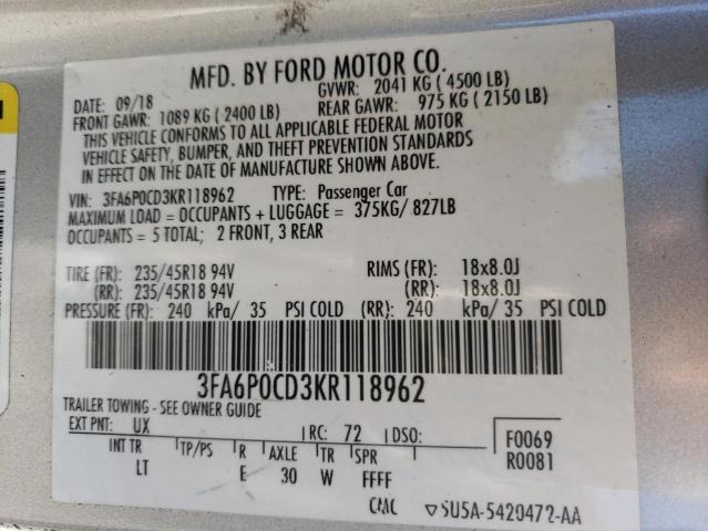 2019 FORD FUSION SEL - 3FA6P0CD3KR118962