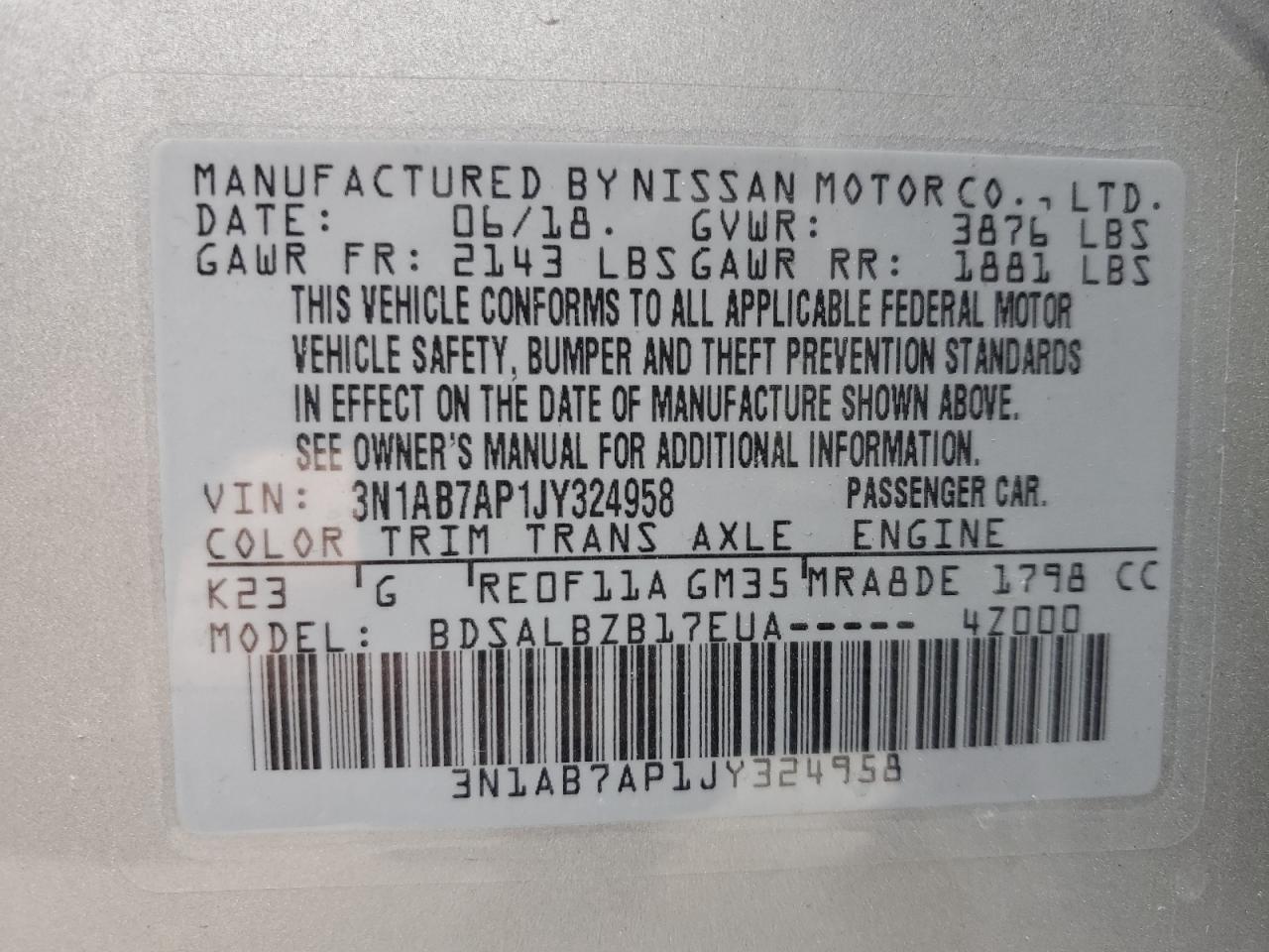 3N1AB7AP1JY324958 NISSAN SENTRA 2018