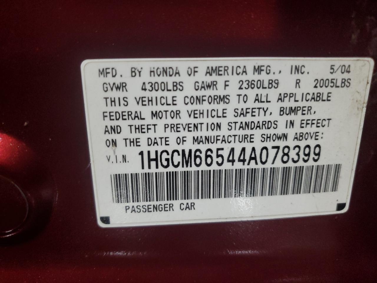 1HGCM66544A078399 2004 Honda Accord Ex