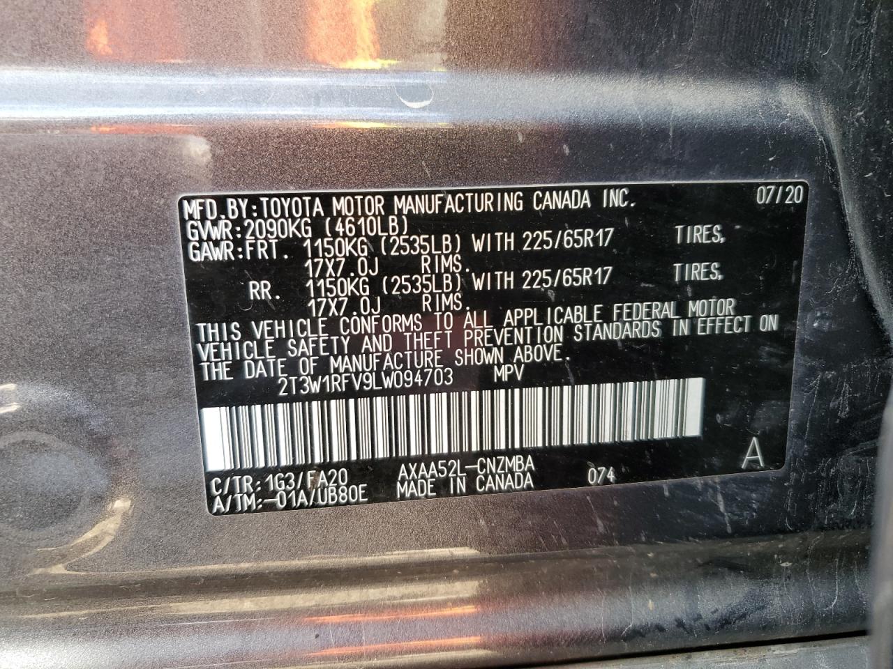 2T3W1RFV9LW094703 TOYOTA RAV4 2020