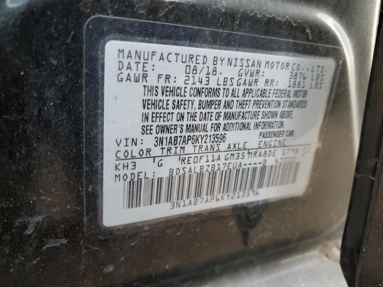 3N1AB7AP6KY213596 NISSAN SENTRA 2019