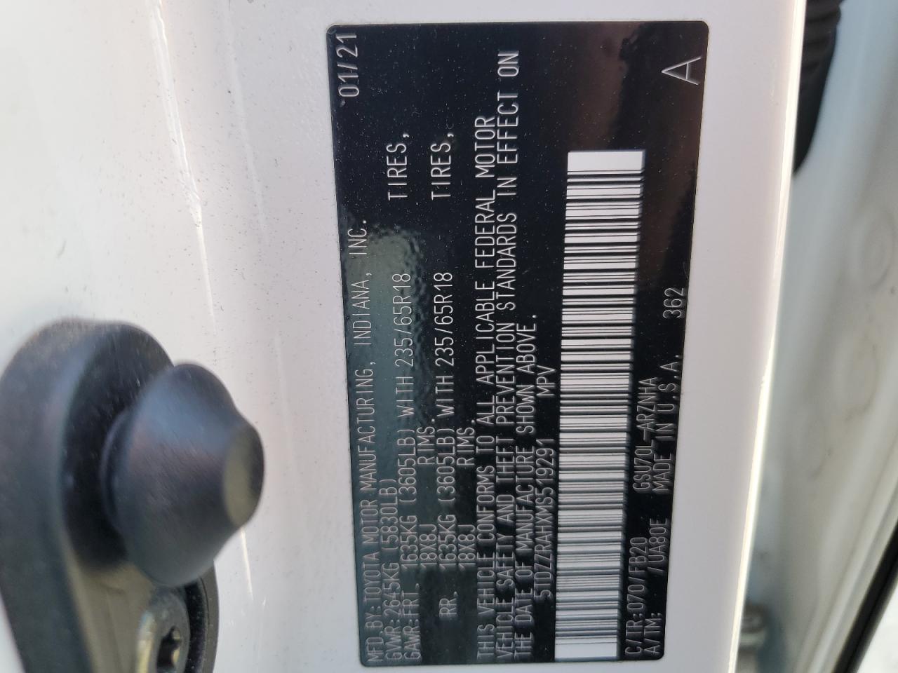 5TDZZRAHXMS519291 TOYOTA HIGHLANDER 2021