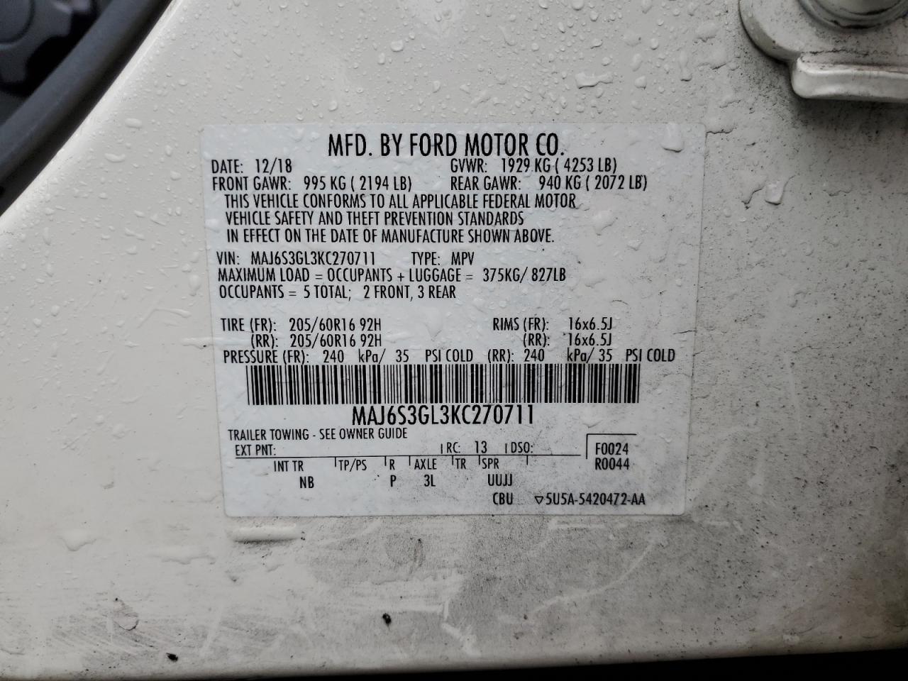 MAJ6S3GL3KC270711 FORD ECOSPORT 2019