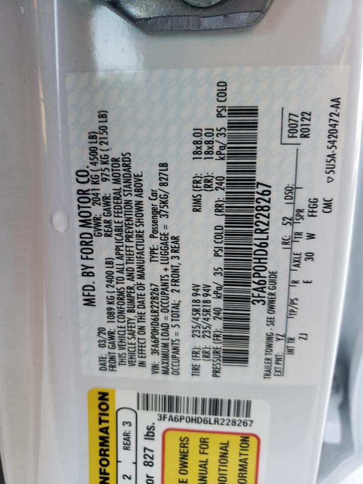 3FA6P0HD6LR228267 FORD FUSION 2020