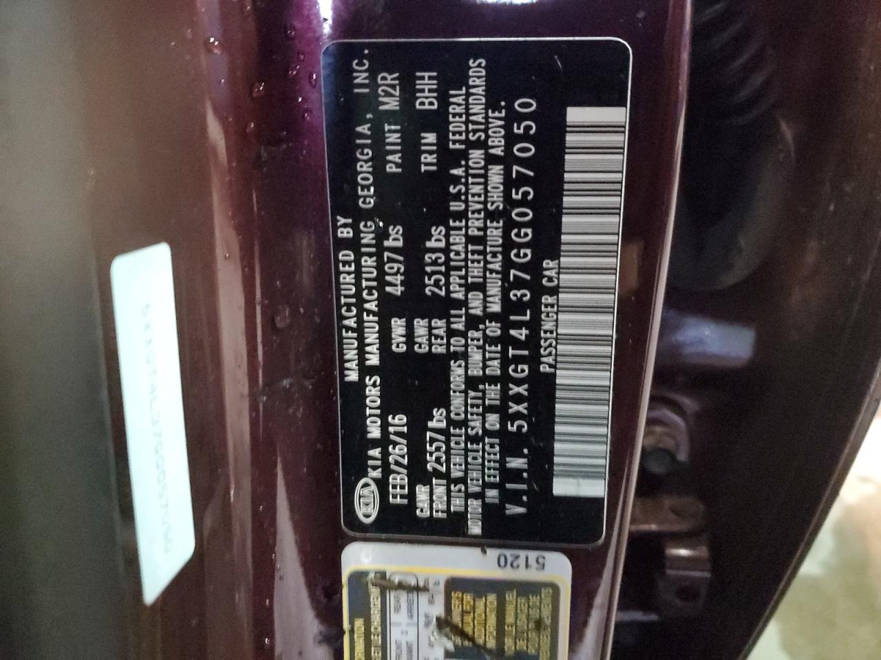 5XXGT4L37GG057050 2016 Kia Optima Lx