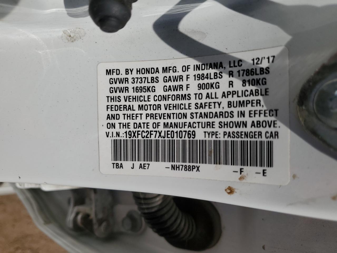 19XFC2F7XJE010769 HONDA CIVIC 2018