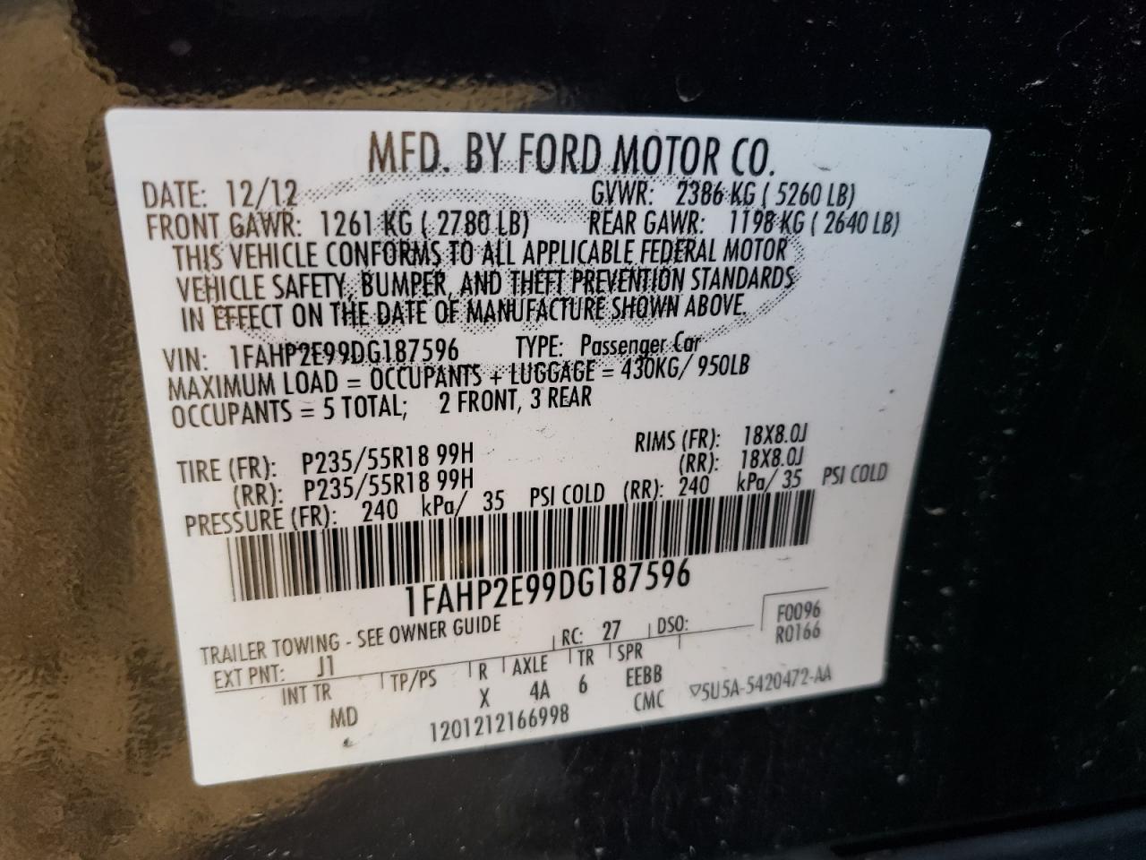 1FAHP2E99DG187596 2013 Ford Taurus Sel