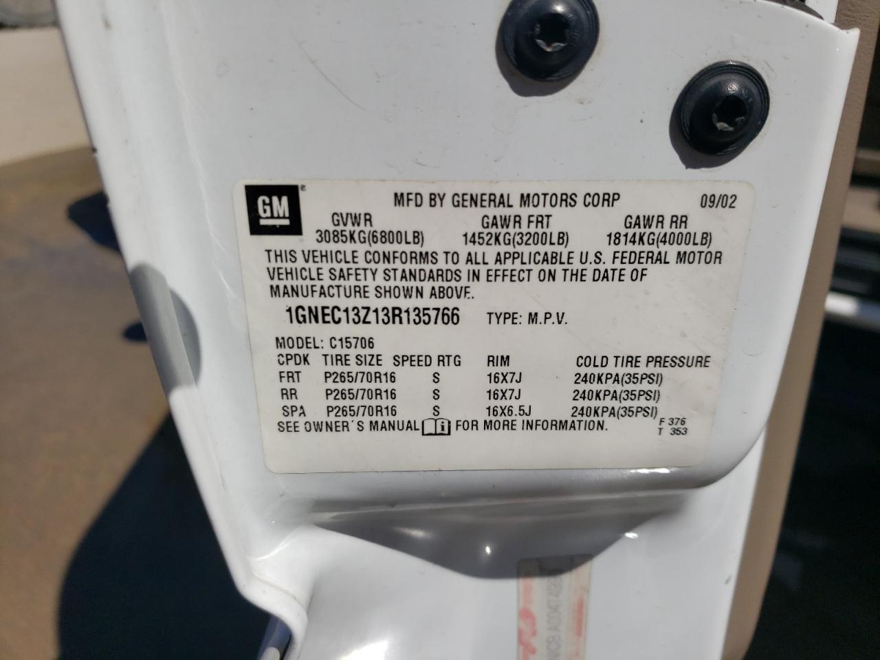 1GNEC13Z13R135766 2003 Chevrolet Tahoe C1500