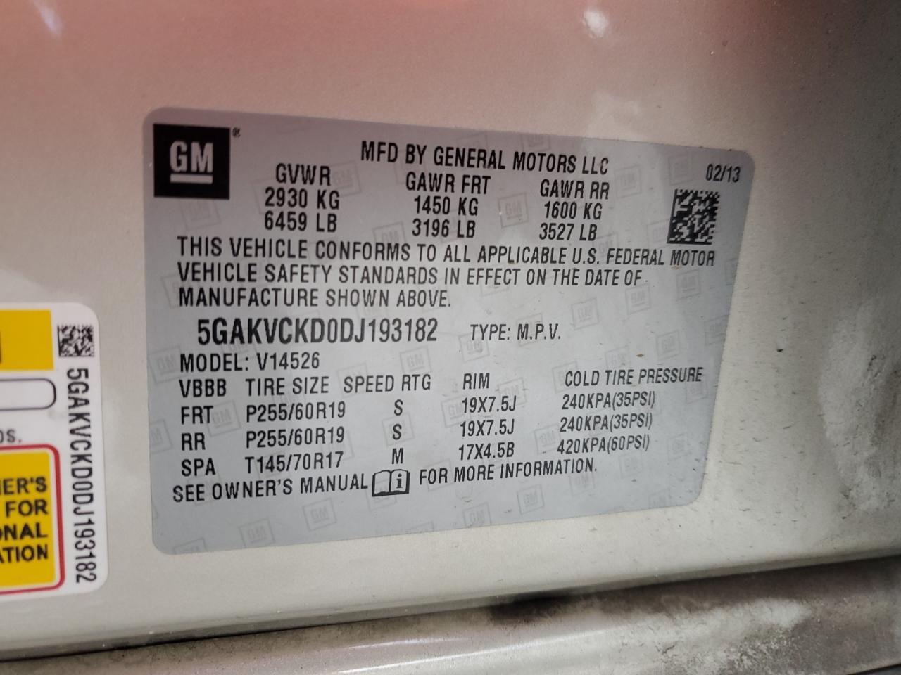 5GAKVCKD0DJ193182 2013 Buick Enclave