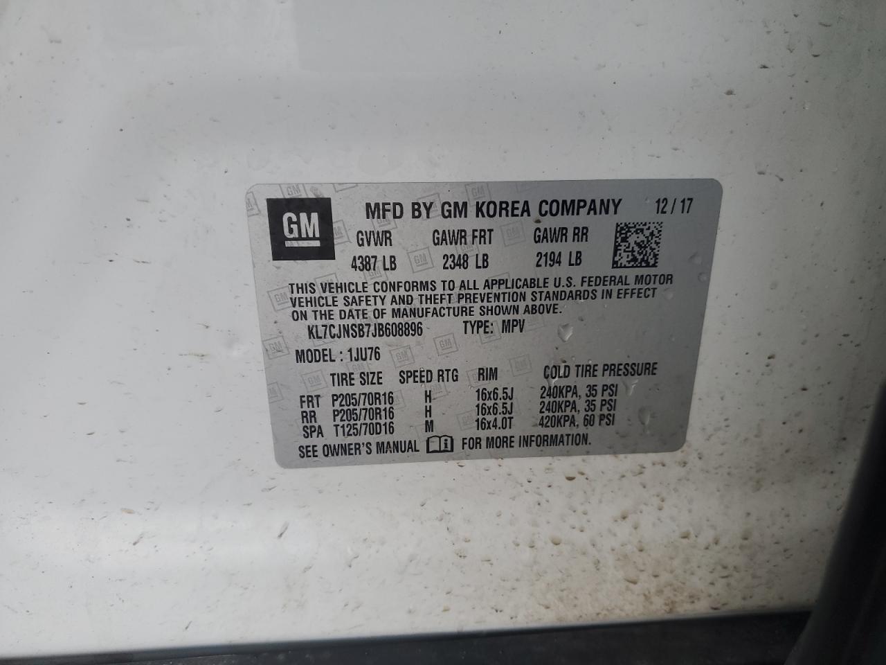 KL7CJNSB7JB608896 CHEVROLET TRAX 2018