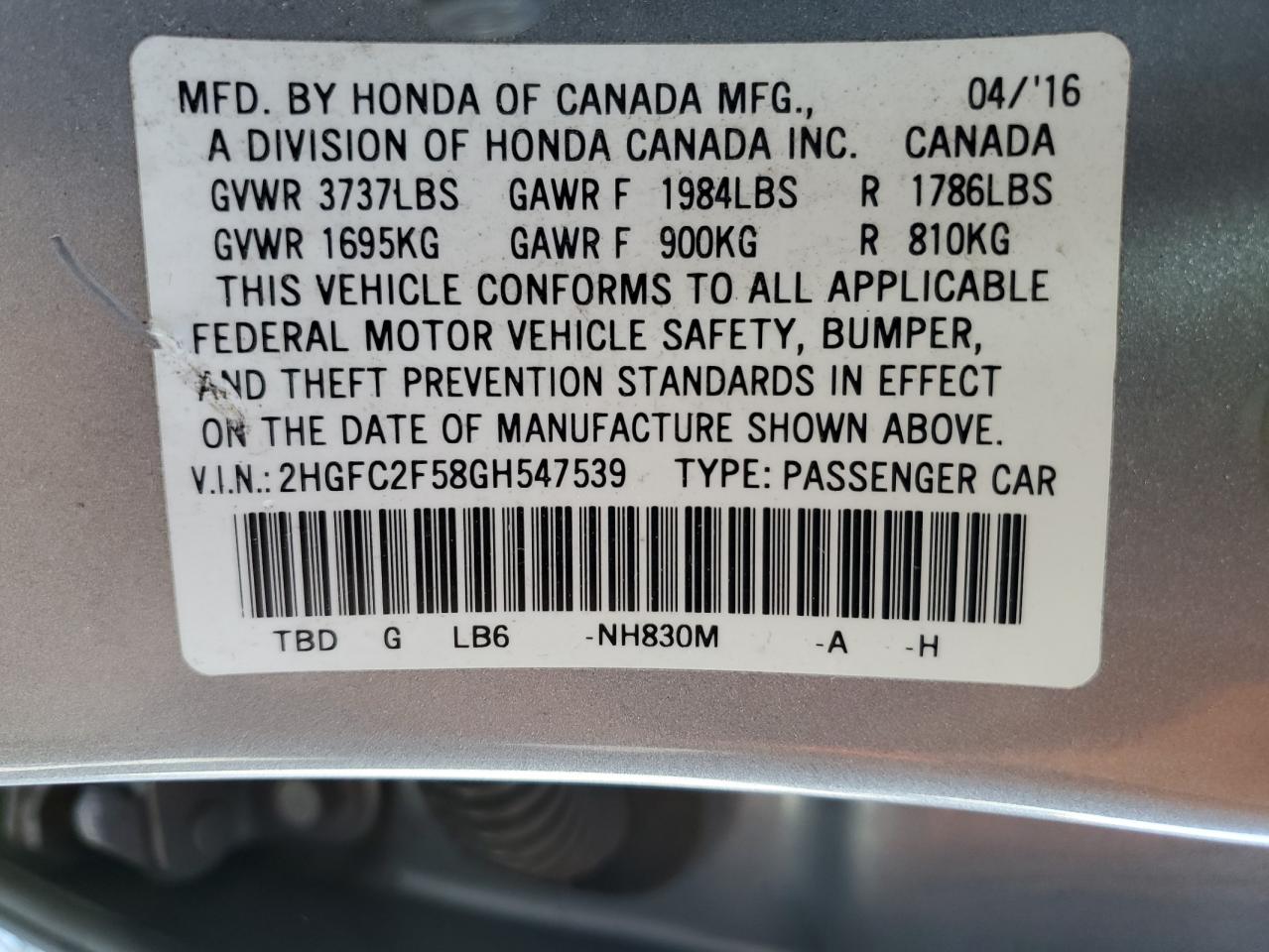 2HGFC2F58GH547539 HONDA CIVIC 2016