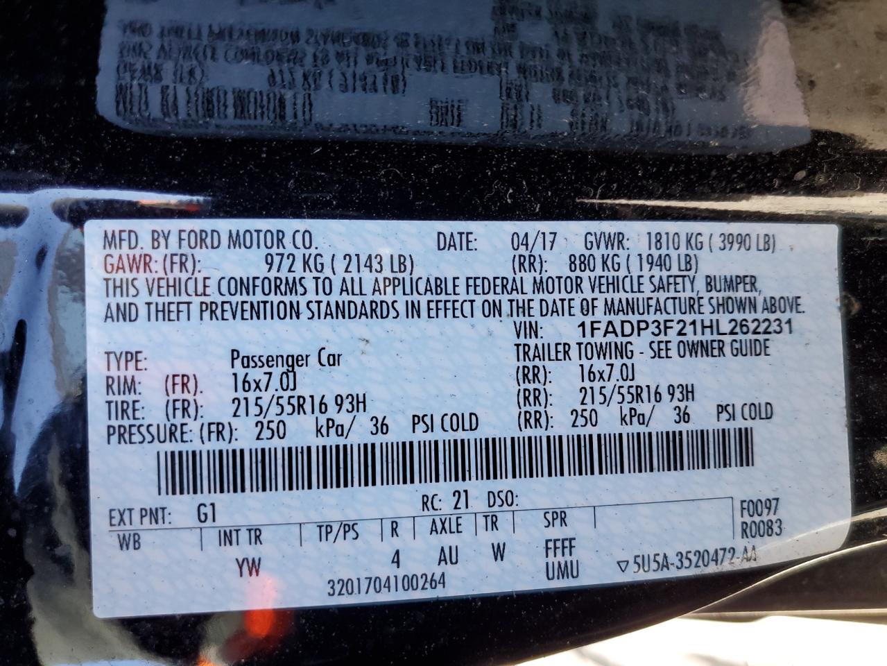1FADP3F21HL262231 FORD FOCUS 2017
