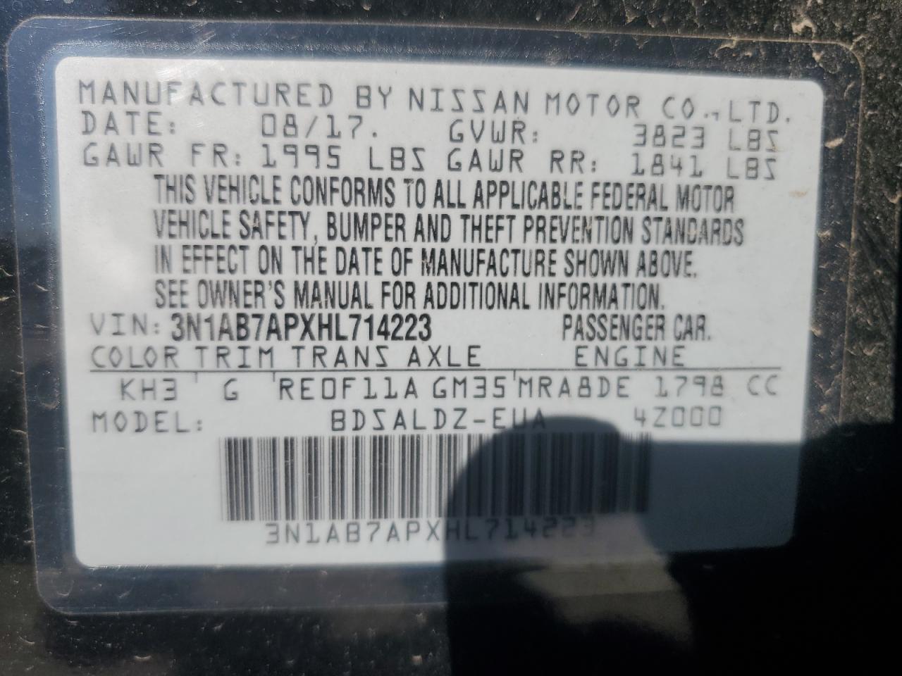 3N1AB7APXHL714223 NISSAN SENTRA 2017