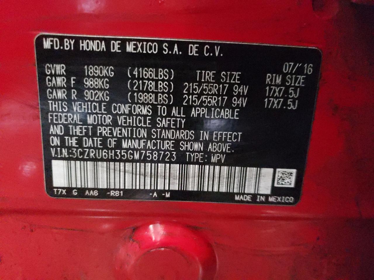 3CZRU6H35GM758723 HONDA HR-V 2016