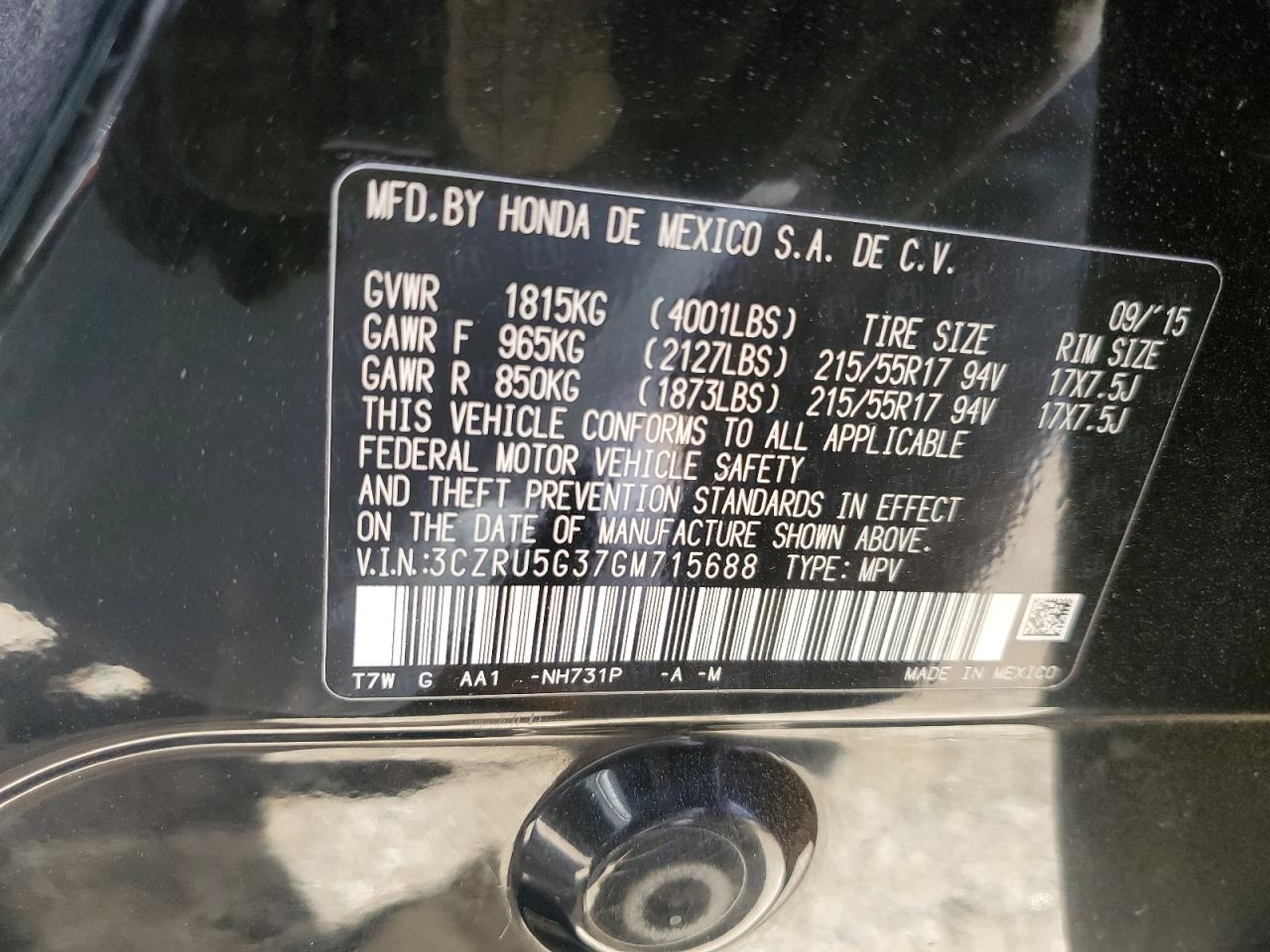 3CZRU5G37GM715688 HONDA HR-V 2016