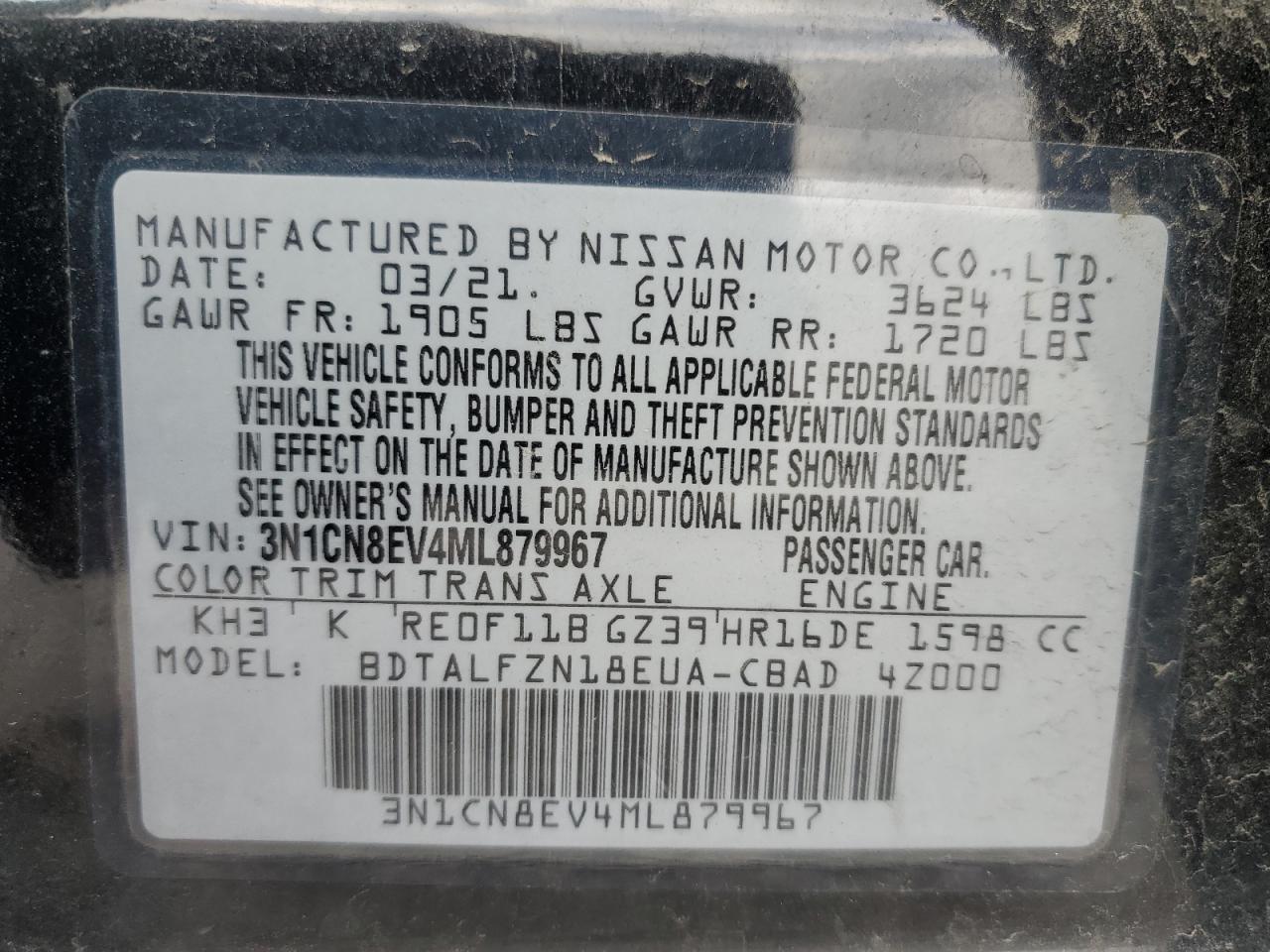 3N1CN8EV4ML879967 2021 Nissan Versa Sv