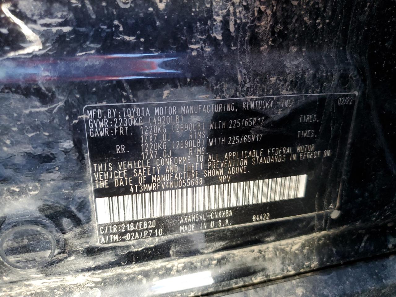 4T3MWRFV4NU055688 TOYOTA RAV4 2022