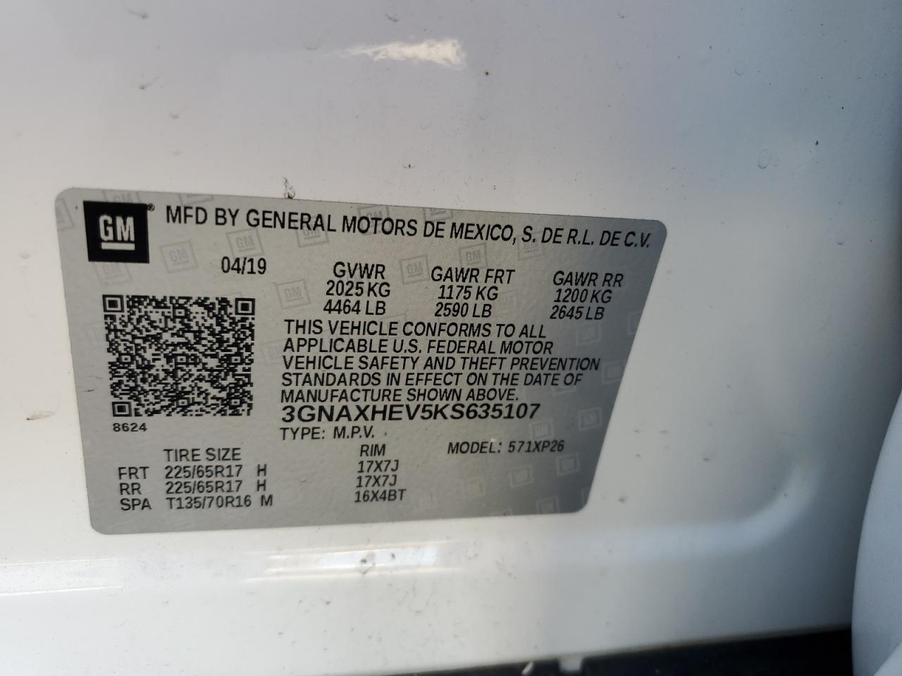 3GNAXHEV5KS635107 CHEVROLET EQUINOX 2019